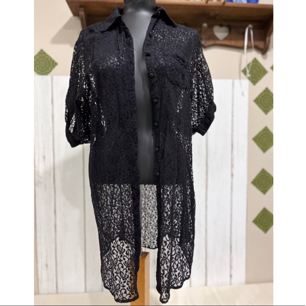 Clearance!⚠️ Angie Black Sheer SS Button-Up Swimsuit Cover-Up, Size Large